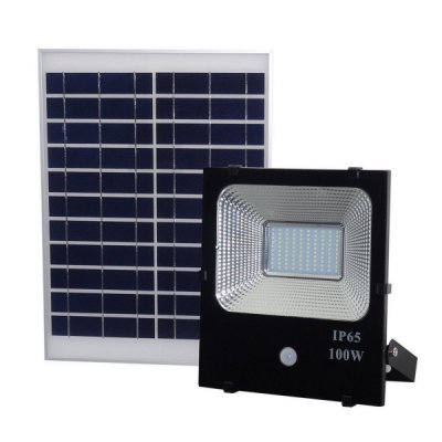 Proiector LED 100W Alb Rece cu Panou Solar si Senzor de Miscare WT