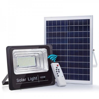 Proiector LED SMD 100W Alb Rece cu Panou Solar si Telecomanda IP66 WT